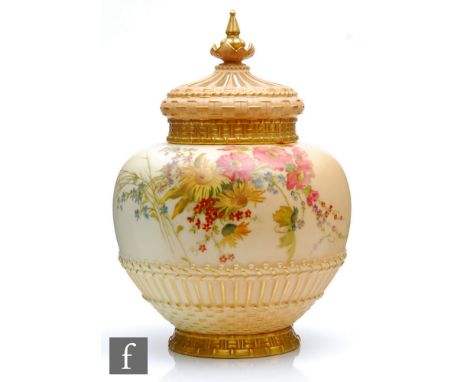 A large early 20th Century Royal Worcester blush ivory shape 1286 vase and cover panel decorated with sprays flowers against 