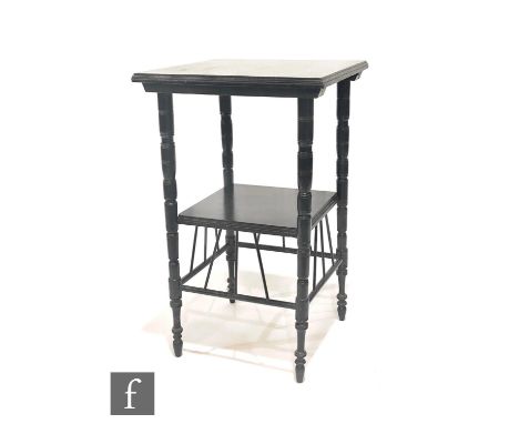 An Arts and Crafts ebonised side table attributed to Morris &amp; Co for Liberty, the square top over turned supports with a 