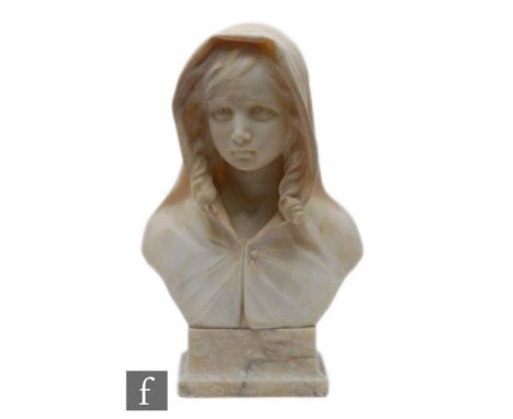 A late 19th Century alabaster bust of a hooded young girl wearing a cloak on square plinth, height 47cm. 