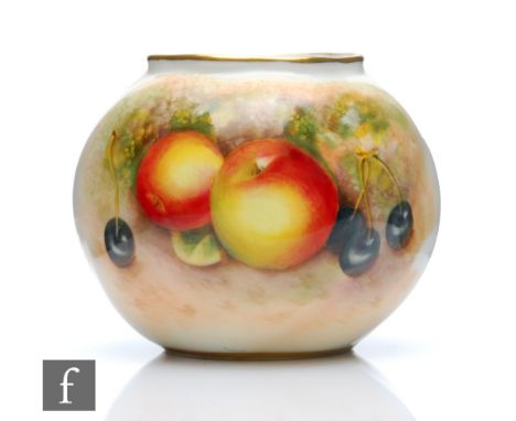 A small Royal Worcester Fallen Fruits shape G161 ovoid vase decorated with hand painted apples and cherries, unsigned, black 