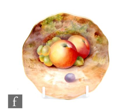 A small Royal Worcester Fallen Fruits footed dish decorated by Moseley with hand painted apples and white grapes, signed, puc