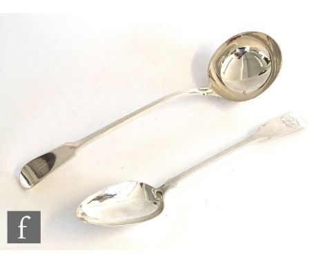 A George IV hallmarked silver fiddle pattern ladle, with a similar basting spoon, total weight 12.7oz, London 1827 and 1829 r