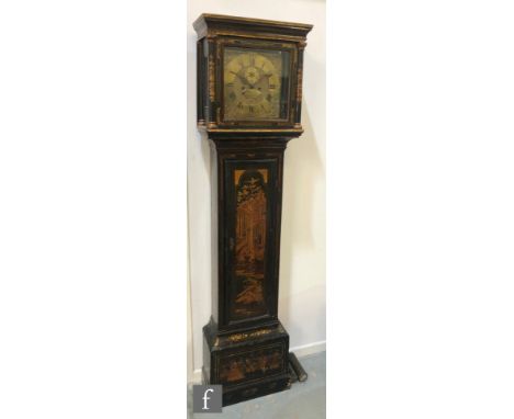 A 18th Century black chinoiserie longcase clock by John Page Ipswich, brass dial with eight day striking movement, seconds su