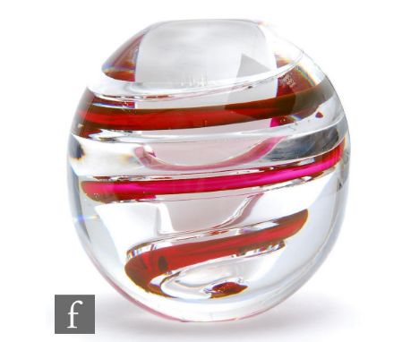 An Orrefors Ariel glass vase designed by Lars Hellsten, of globe form, with spiralling ruby and ariel trails around an opal c