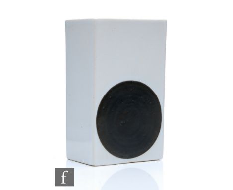 A Troika Pottery rectangular monochrome vase decorated with a black disc to each side against a white ground, painted Troika 