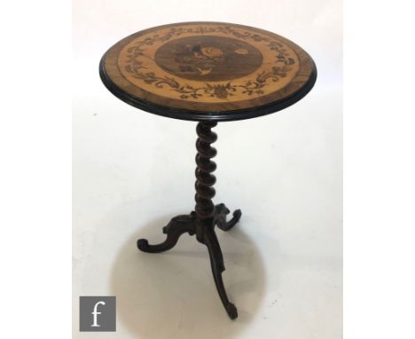 A Victorian circular floral marquetry occasional table, with cross banded and line inlaid top on a spiral pedestal scroll tri