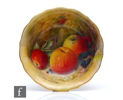 A Royal Worcester Fallen fruits footed bowl decorated by Ricketts with hand painted apples and blackberries to the interior, 