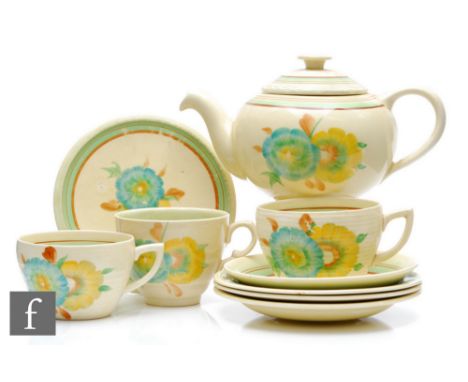 A Clarice Cliff Margot teapot circa 1936, in the Honeydew pattern hand painted with stylised flower heads with green and brow