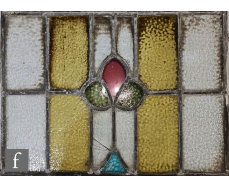 Three Edwardian coloured leaded light glass windows, 39cm x 68cm, and a smaller 40cm x 54cm. (4) 