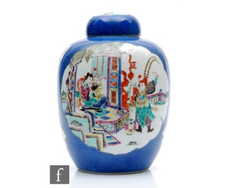 A Chinese Powder Blue porcelain vase of rounded ovoid form, the exterior sides picked out with fan shaped panels depicting fl