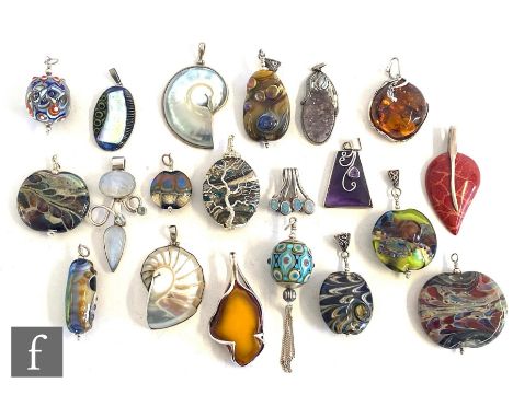 Twenty modern assorted, stone, glass, shell, amber and enamel set pendants to include silver mounted and other examples. (20)