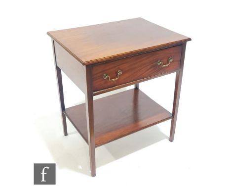 A 19th Century mahogany side drawer side table, brass drop handles, on square tapering legs united by an undertier, height 77