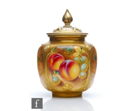 A Royal Worcester Fallen Fruits shape H162 vase and cover panel decorated by Roberts with hand painted peaches and white grap