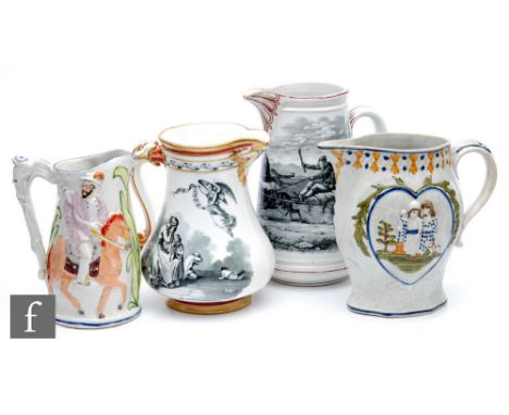 Four 19th Century Staffordshire jugs of varying form comprising one with moulded scenes titled Garibaldi The Italian Patrioti