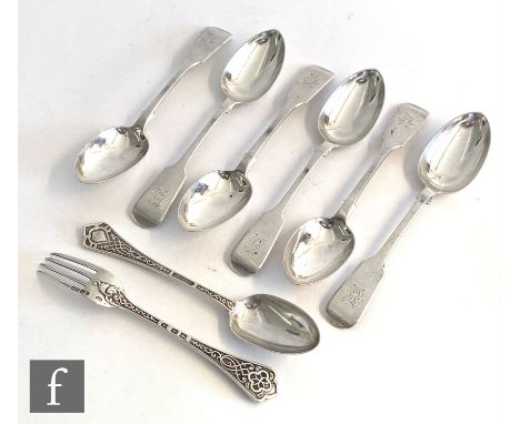 A set of six hallmarked silver fiddle pattern dessert spoons of plain form, total weight 9oz, Exeter 1851,&nbsp;Robert Willia