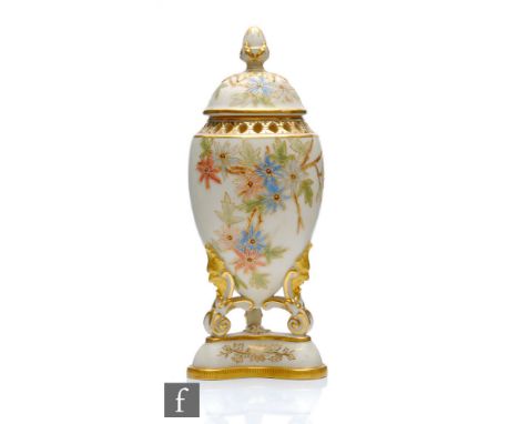 A late 19th Century Grainger &amp; Co Worcester vase and cover, the egg shaped body decorated with sprays of flowers raised t