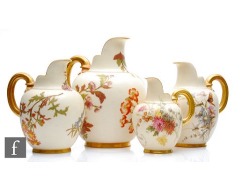Four late 19th Century Royal Worcester shape 1094 flatback jugs of varying size each decorated with sprays of flowers, puce m