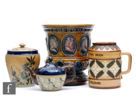 Four pieces of assorted late 19th to early 20th Century stoneware comprising a Doulton Lambeth motto jug 'More than enough is
