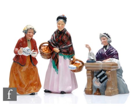 Three Royal Doulton figures comprising Teatime HN2255, S/D, Schoolmarm HN2223 and The Orange Lady HN1759, all with printed ma