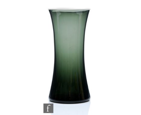 A later 20th Century&nbsp;Whitefriars Soda glass vase designed by Geoffrey Baxter, pattern M26, in smoky grey with white enam