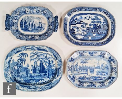 Four 19th Century blue and white meat plates to include one decorated with a scene titled 'British History - the seven bishop