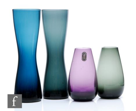 A pair of later 20th Century Whitefriars soda glass vases, designed by Geoffrey Baxter, patter number 9594 in midnight blue, 