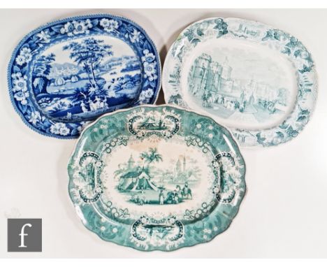 Three large 19th Century transfer decorated meat plates, the first decorated in green and white with a Persian landscape with