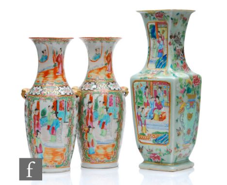 A collection of Chinese 19th/20th Century famille rose vases, to include a pair of ovoid form with gilt mask handles, height 