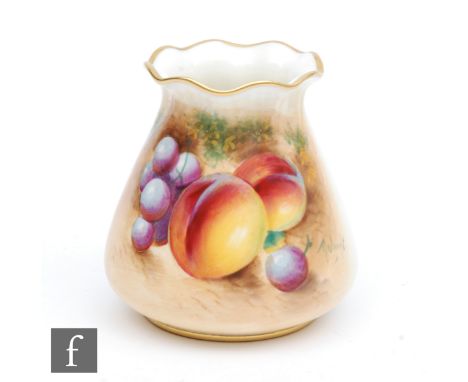 A small Royal Worcester Fallen Fruits vase panel decorated by Rolands with hand painted peaches and grapes, signed, black pri