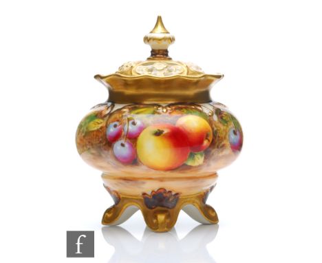 A small Royal Worcester Fallen Fruits shape H261 vase and cover panel decorated by Rolands with hand painted apples and cherr