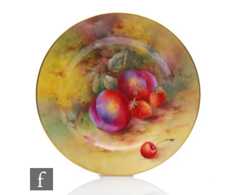 A Royal Worcester Fallen Fruit side plate decorated by Townsend with hand painted peaches, strawberries and a cherry, signed,