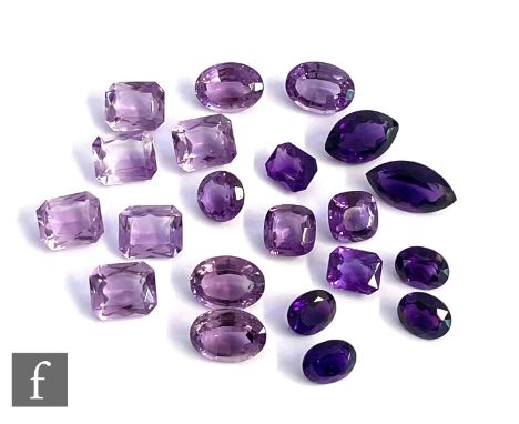 Twenty one loose cut and polished amethyst to include oval, marquise and canted emerald cut examples, length of largest marqu