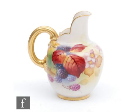 A small Royal Worcester Fallen Fruits shape 1094 flatback jug, panel decorated by Kitty Blake with hand painted autumnal frui