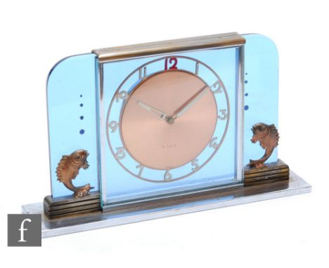 A 1950s Art Deco style pale blue glass mantle clock with gilt fish embellishments, on a chrome base, width 19cm. 