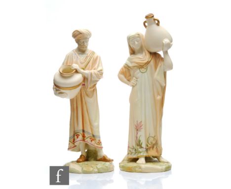 A pair of late 19th Century Royal Worcester blush ivory figures of Egyptian water carriers modelled by James Hadley, both in 