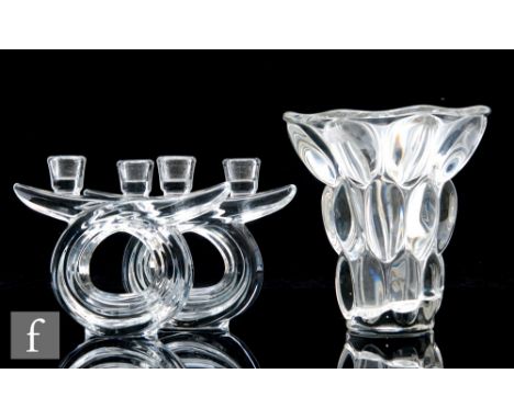 A pair of 20th Century Art Vannes clear crystal glass candlesticks, of loop form with a double sconce, acid mark, height 15.5