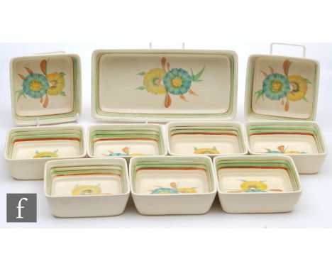 A Clarice Cliff for Wilkinson shape 798&nbsp;Hors d’Oeuvres dish set, in the Honeydew pattern hand painted with stylised flow