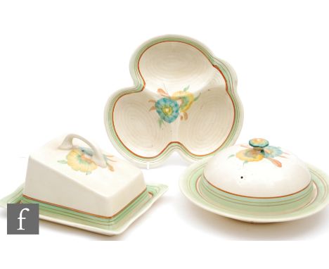 A Clarice Cliff Athol shape cheese dish and cover circa 1936, hand painted with flower heads with green and brown banding, A.