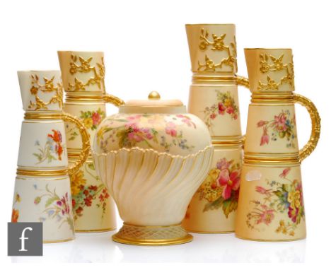 Four early 20th Century Royal Worcester blush ivory shape 1047 conical ewers each decorated with sprays of flowers with mould