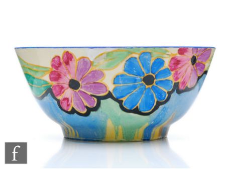 A 1930s Clarice Cliff Havre shape fruit bowl circa 1932, hand painted in the Delecia Daisy pattern with stylised flowers and 