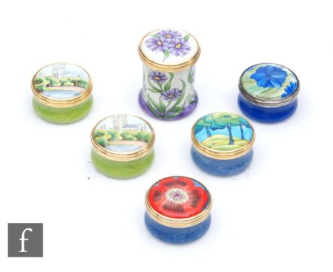 Six small Moorcroft Enamel pill boxes comprising four floral examples, one signed F. Bakewell Trial 19.06.03, and two with ch