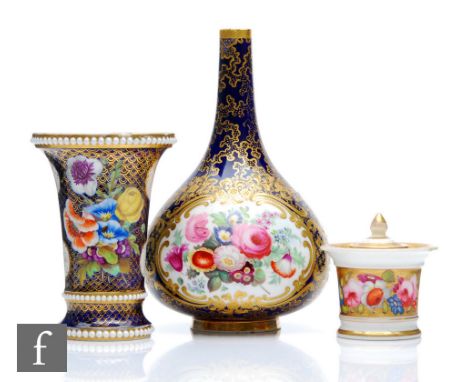 A 19th Century Chamberlain &amp; Co Worcester mallet vase decorated with a hand painted floral cartouche against a dark blue 