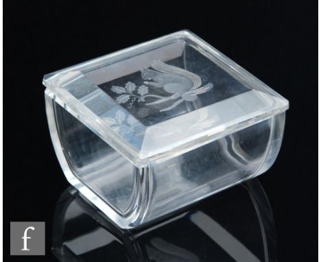 A 20th Century Val St Lambert glass trinket box of square section, the cover engraved with a squirrel on a branch, engraved s