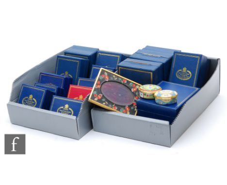 A collection of Halcyon Days enamel boxes to include various subjects, also two bedside clocks, a fob watch and a floral phot