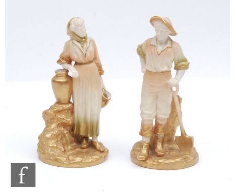 A pair of early 20th Century Royal Worcester figures modelled by James Hadley, she holding a jug and stood leaning on an urn,