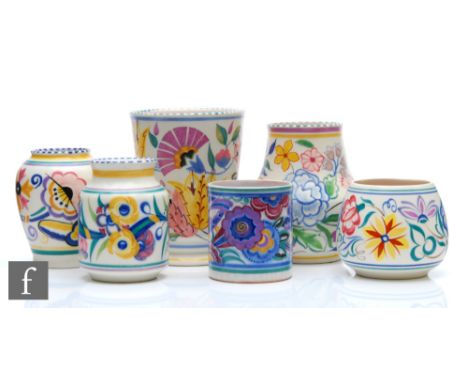 Six pieces of assorted Poole Pottery to include an OL pattern conical vase, an FL pattern shape 361 vase and an EE pattern sh