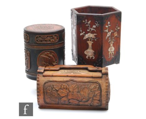 A collection of Chinese carved wooden items, to include a hexagonal shaped brush pot applied with metal mounts and inlaid wit