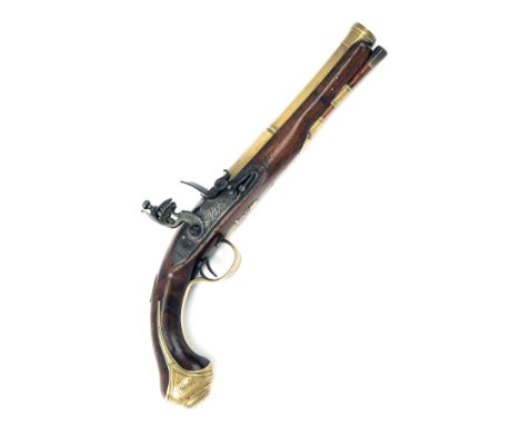 A .65 BRASS CANNON-BARRELLED FLINTLOCK HOLSTER PISTOL BY J. &amp; W. RICHARDS, CIRCA 1808, no visible serial number, 8in. two
