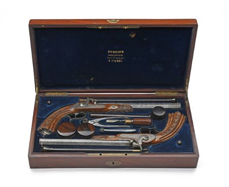 A CASED PAIR OF 14mm PERCUSSION TARGET PISTOLS SIGNED FERRIER, PARIS, no visible serial numbers, circa 1845, with Belgian pro