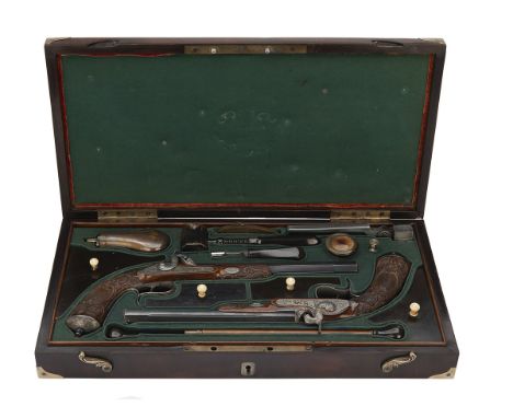 A.V. LEBEDA, PRAGUE A MAGNIFICENT CASED PAIR OF DELUXE 14mm PERCUSSION CONTINENTAL TARGET PISTOLS, no visible serial numbers,